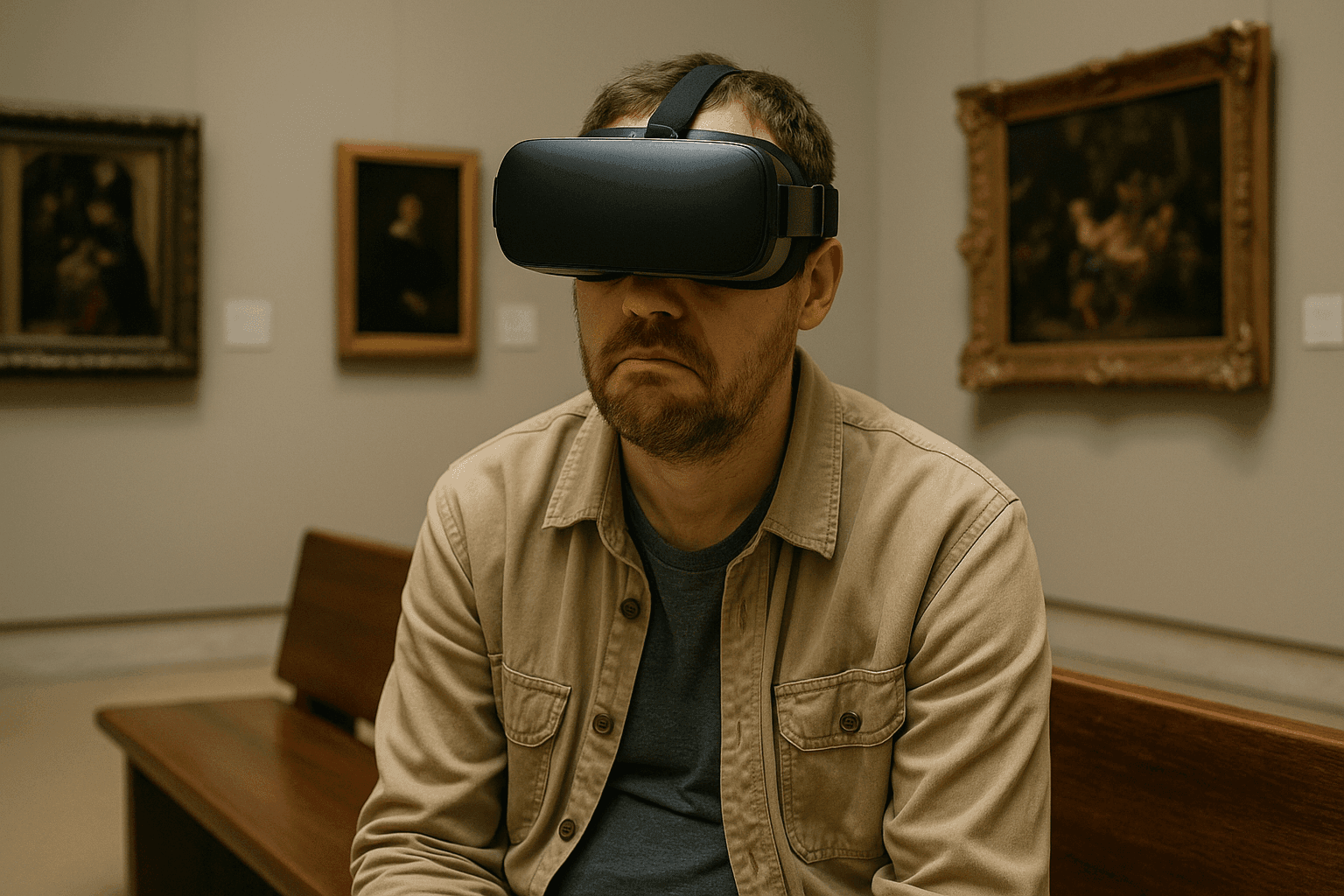 Homme portant un casque VR dans un musée, mécontent de l’expérience numérique.