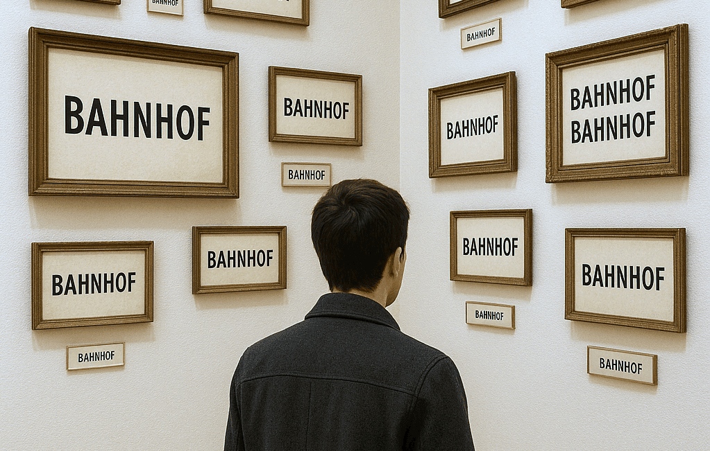 Visiteur dans un musée face à de nombreux panneaux identiques avec le mot « Bahnhof » — symbole du manque de connaissances de fond