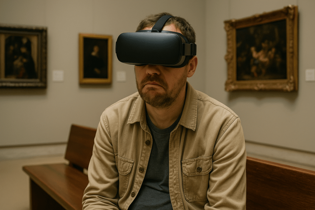 Man wearing VR headset in museum, looking unhappy with the digital experience.
