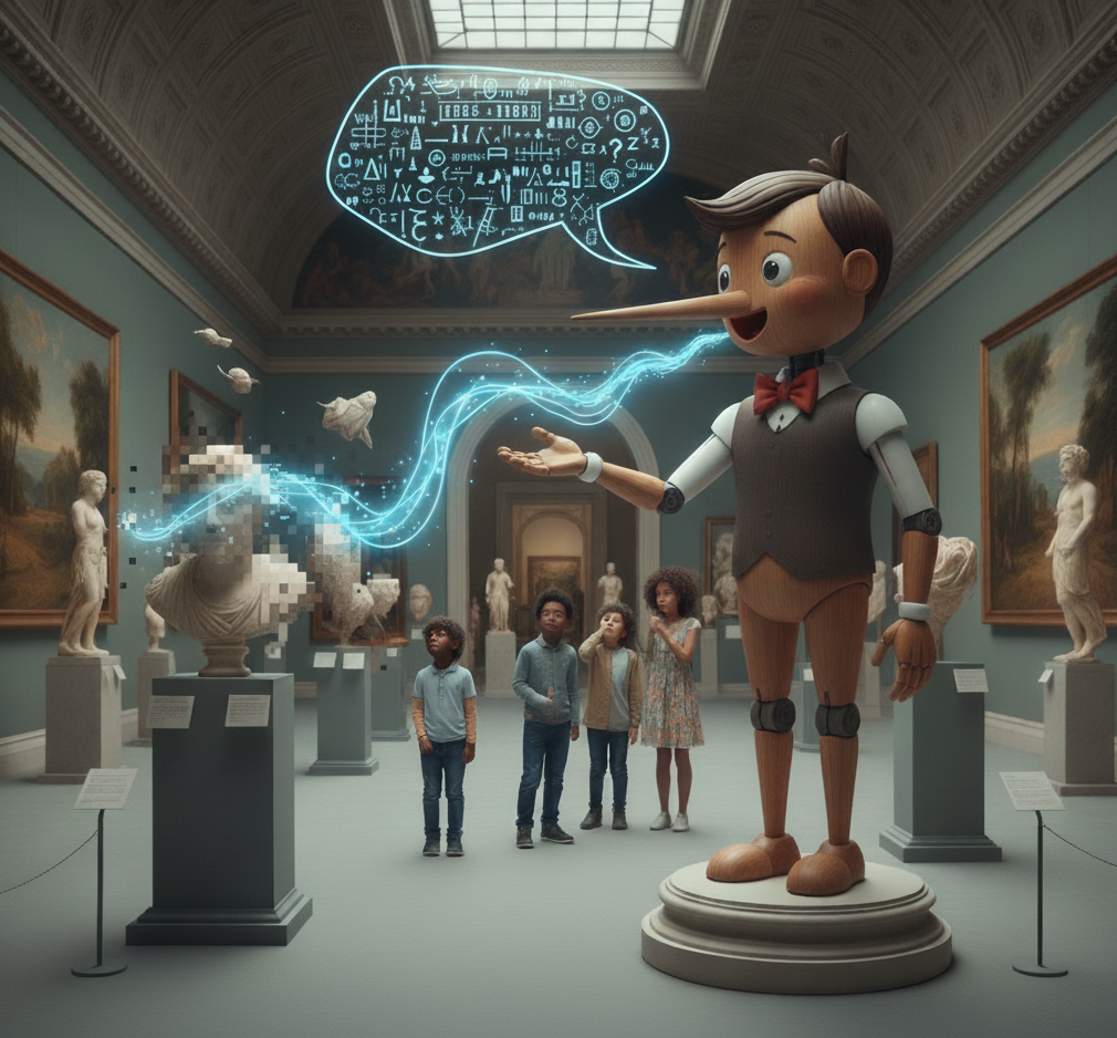 Ein Pinocchio Roboter der im Museum lügen erzählt.