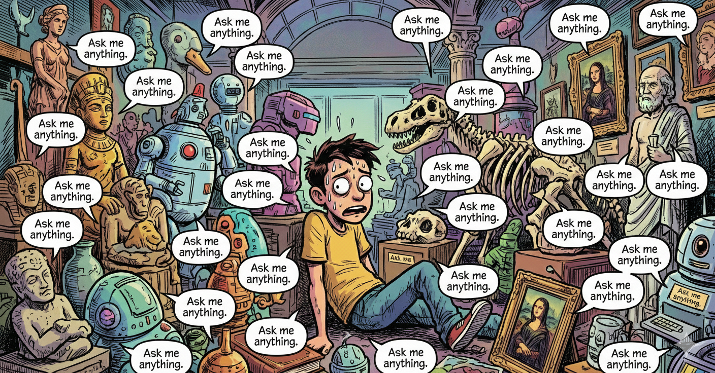 A person in a museum where all the objects what to ask them a question